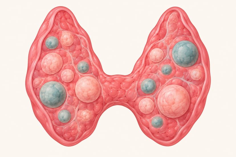 Cross-section diagram of a thyroid gland with multiple nodules