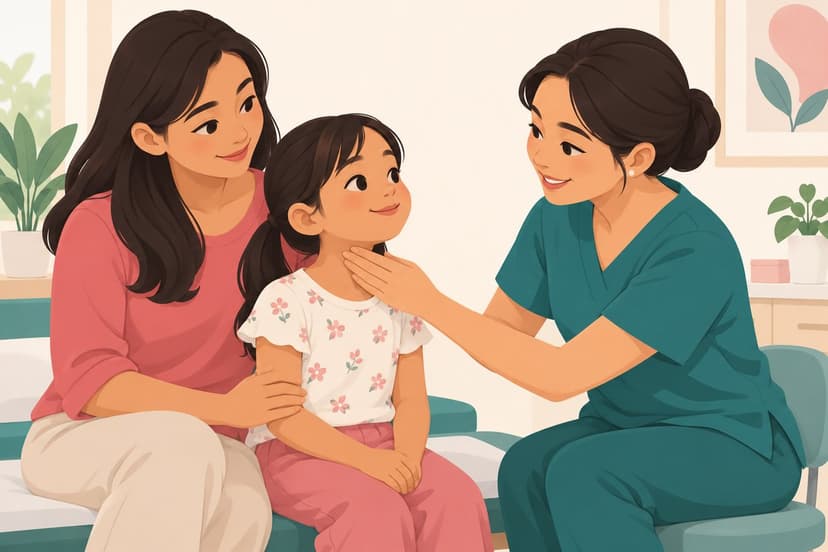 Doctor examining a child's neck with a parent present