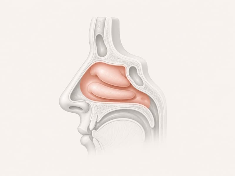 Medical illustration of the nasal cavity and sinus passages in side view