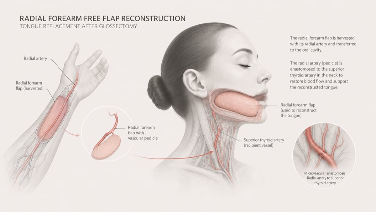 Medical illustration of microvascular free flap reconstruction showing tissue transfer with blood vessel reconnection for head and neck surgery: Manila