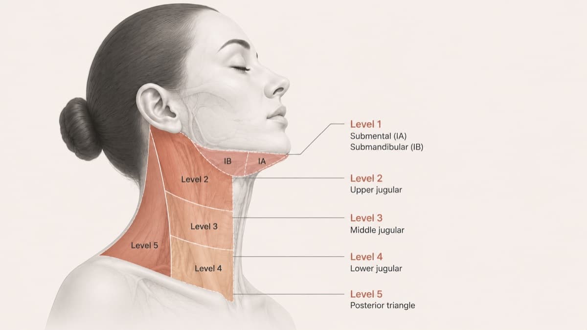 Medical illustration of neck dissection procedure showing cervical lymph node levels removed for head and neck cancer: Manila